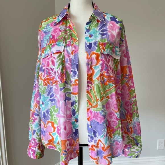 Lauren Ralph Lauren size large buttonup top floral design rolled tabbed sleeves - Picture 13 of 13